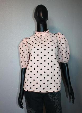 Стильная розовая пудра блуза в горох с объемным пышным рукавом м
