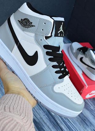 Nike air jordan 1 retro кроссовки мужские кожаные найк джордан высокие осенние белые с серым