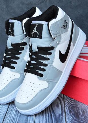 Nike air jordan 1 retro кроссовки мужские кожаные найк джордан высокие осенние белые с серым7 фото