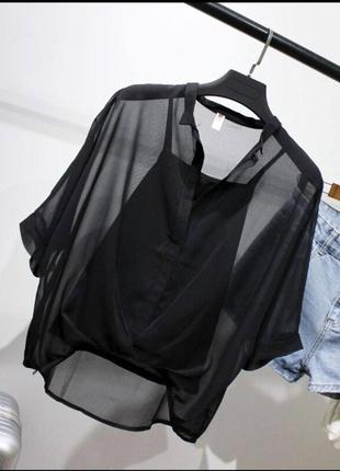 Комплект блуза блузка прозора + майка на бретелях шифон пряма базова оверсайз об‘ємна широка3 фото
