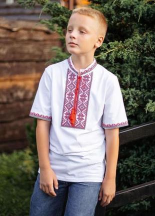 Белая вышиванка для парня, белья вышиванка для мальчика, вышитая рубашка трикотажная, белая вышиванка подростковая1 фото