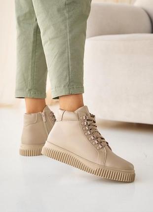 Стильні бежеві зимові кеди жіночі,черевики на зиму,вовняна підкладка,шкіряні/шкіра-жіноче взуття