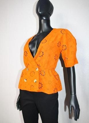 Стильная хлопковая нарядная блузка пиджак горчичная блуза прошва вышивка с объемным рукавом zara м