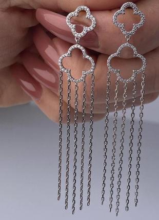 Длинные серебряные серьги клевер - серебряные серьги с подвесками с висюльками2 фото