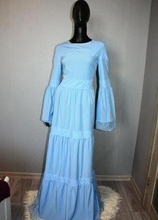Шикарное стильное макси длинное лиловое небесно голубое платье в пол с объемным рукавом м