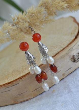 Сережки з сердоліком, агатом і перлами 'барбарис'2 фото