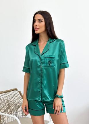 L xl 1091 зеленая шелковая пижама для женщин рубашка с коротким рукавом и шорты
