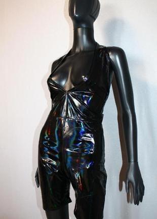 Стильний лаковий латексний чорний комбинезон голлограмка для ігор, фотосесій s
