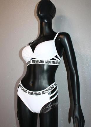 Стильный белый раздельный купальник с резинками плотная чашка swimwear s-м