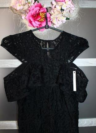 Крутое черное полупрозрачное ажурное кружевное длинное вечернее платье с рюшами asos xs3 фото