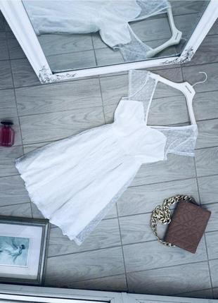 Платье chiara  белое нарядное  свадебное подружка невесты коктейльное сетка горошек forthi