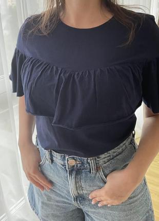 Футболка блуза топ темно-синяя женская bershka с оборками