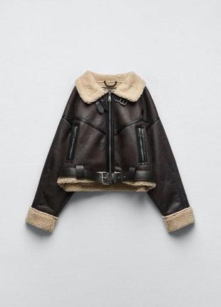 Укороченая коричневая куртка авиатор zara- xs,s,m,l. дубленка, косуха замшевая3 фото