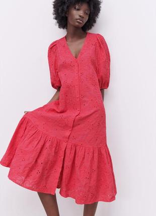 Неймовірної краси коралове рожеве червоне плаття сукня вишиванка вишивка прошва zara3 фото