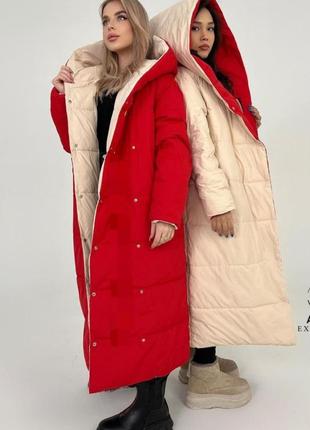 Куртка жіноча двостороння бежева червона тепла вільного крою з капішоном на кнопках якісна стильна