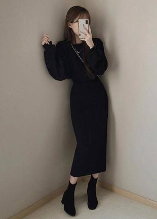 Костюм женский однотонный оверсайз кофта юбка миди на высокой посадке качественный стильный черный мокко