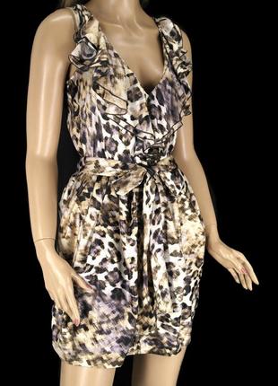Брендовое атласное платье с рюшами h&m с леопардовым принтом. размер eur38.3 фото