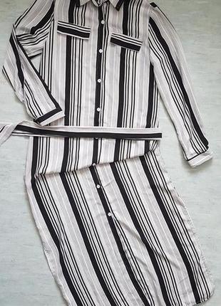 Довга літня шифонова сукня сорочка в вертикальну смужку з пояском.3 фото