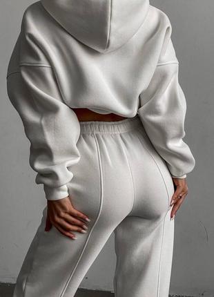 Костюм спортивний жіночий на флісі оверсайз світшот з капішоном штани джогери на високій посадці з кишенями якісний теплий молочний чорний2 фото