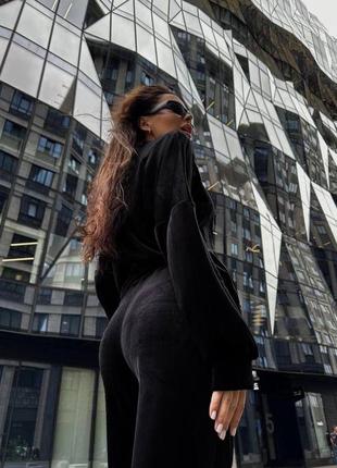 Костюм спортивний жіночий велюровий однотонний оверсайз кофта штани вільного крою на високій посадці чорний оливковий2 фото