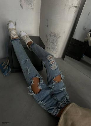 Трендовые рваные джинсы с высокой посадкой разрезами прямого свободного кроя модные мом2 фото