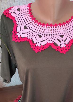 Вязаный воротник с круглой формой для платья, выполненный крючком, в оттенках розового и малинового1 фото