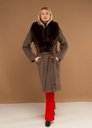 Пальто с шалевым воротником ткань шерсть италия с мехом  финского песца под соболь1 фото