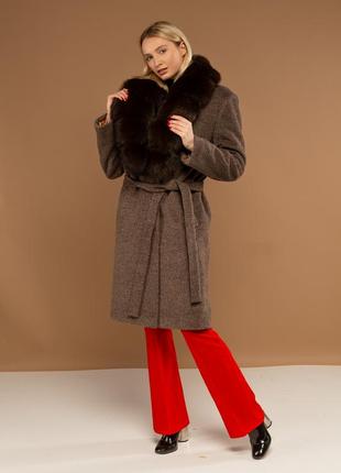 Пальто с шалевым воротником ткань шерсть италия с мехом  финского песца под соболь3 фото