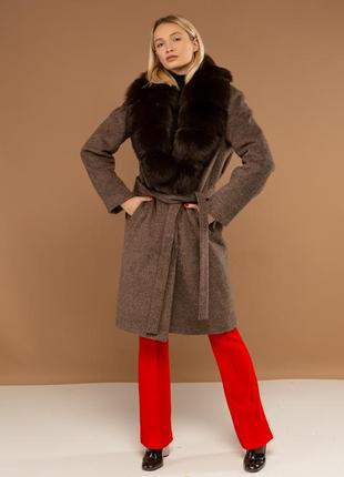 Пальто с шалевым воротником ткань шерсть италия с мехом  финского песца под соболь5 фото