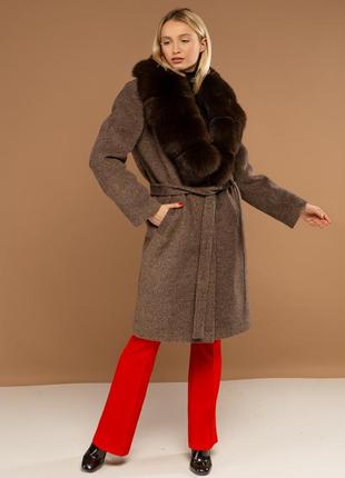 Пальто с шалевым воротником ткань шерсть италия с мехом  финского песца под соболь7 фото
