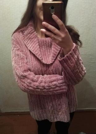 Велюровый , нежно розовый мягкий свитер , пудровый с косами. l.9 фото
