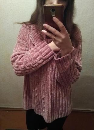 Велюровый , нежно розовый мягкий свитер , пудровый с косами. l.10 фото