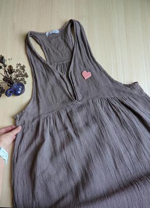 Сарафан льон сукня бавовна коричневі беж бахрома l m плаття бохо кантрі міді2 фото