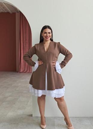 Стильное женское платье до колена расклешенное от талии с пышной юбкой длинный рукав больших размеров 50-56