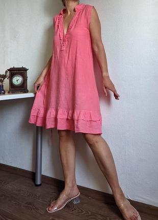 Милое платье лен персиковое коралловый розовое кружево воланы xs s мини пояс свободное бохо4 фото