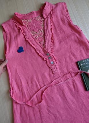 Милое платье лен персиковое коралловый розовое кружево воланы xs s мини пояс свободное бохо7 фото