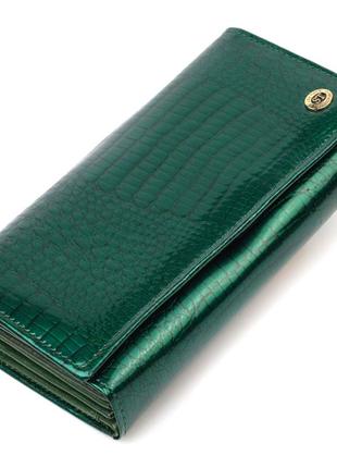 Лакированный женский кошелек с блоком для визиток из натуральной кожи st leather 19424 зеленый1 фото
