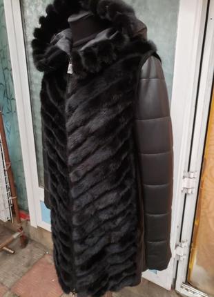 Роскошная норочная куртка с кожаным рукавом2 фото