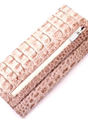 Горизонтальный женский кошелек из натуральной кожи с тиснением под крокодила karya 21163 бежевый2 фото