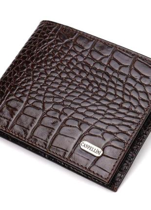 Вместительное мужское портмоне из натуральной кожи с тиснением под крокодила canpellini 21870 коричневый
