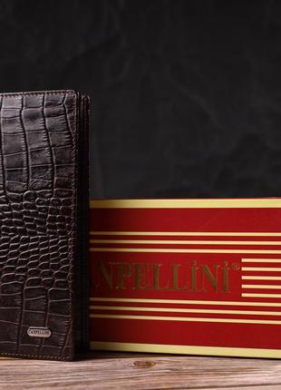 Вертикальный бумажник без застежки из натуральной кожи с тиснением под крокодила canpellini 21905 коричневый7 фото