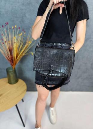 Стильная черная сумка, сумочка женская,кожа-рептилия, экокожа,женские сумки5 фото