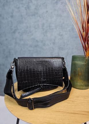 Стильная черная сумка, сумочка женская,кожа-рептилия, экокожа,женские сумки1 фото