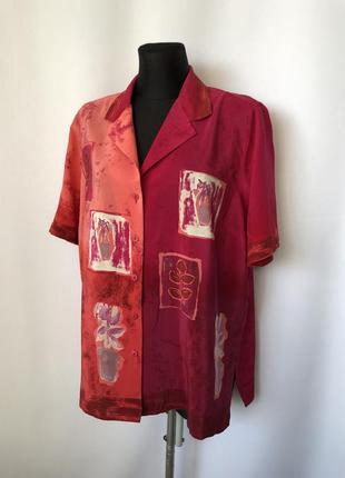 Винтаж шелковая блуза короткий рукав 90е шелк 100% розовая малиновая рубашка блузон2 фото