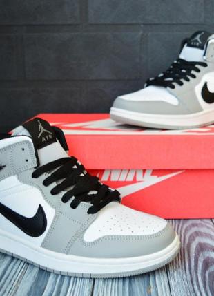 Nike air jordan 1 retro кросівки жіночі шкіряні топ найк джордан високі осінні білі з сірим