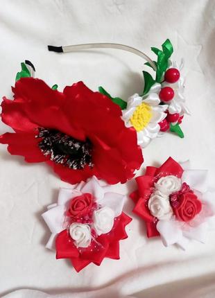 Набор украшений в красно-белых цветах, украшения в украинском стиле1 фото