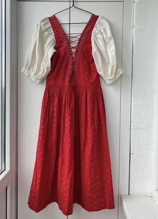 Sportalm брендова сукня плаття з пишними рукавами у вінтажному стилі вінтаж вінтажне австрійське на завʼязках червоне з натуральної тканини бавовняне3 фото