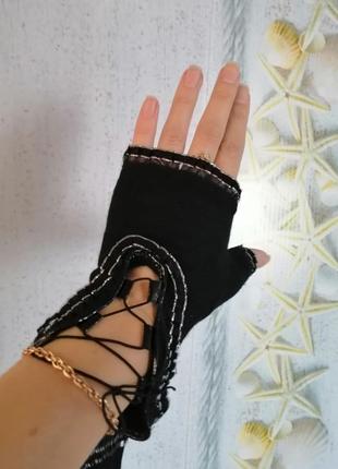 Перчатки минетки без пальчиков стрейч декоративная шнуровка воланы рюши4 фото