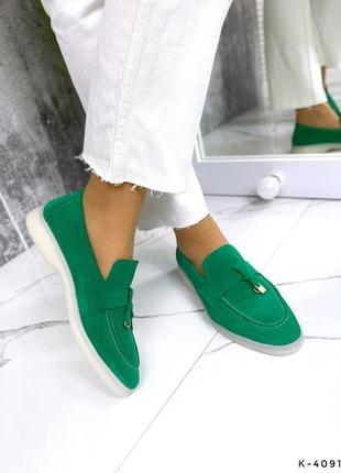 Стильные зеленые лоферы женские, мокасины весенне-осенние, демисезон, замшевые/замша-женская обувь3 фото