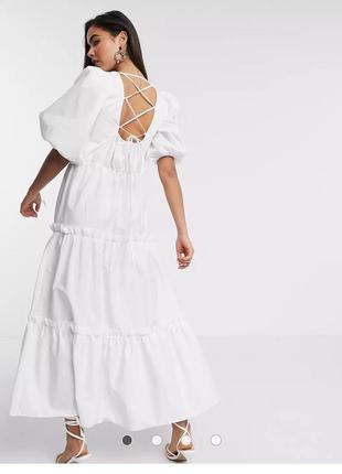 Белое платье с воланом ярусами, поплиновое белое длинное платье1 фото